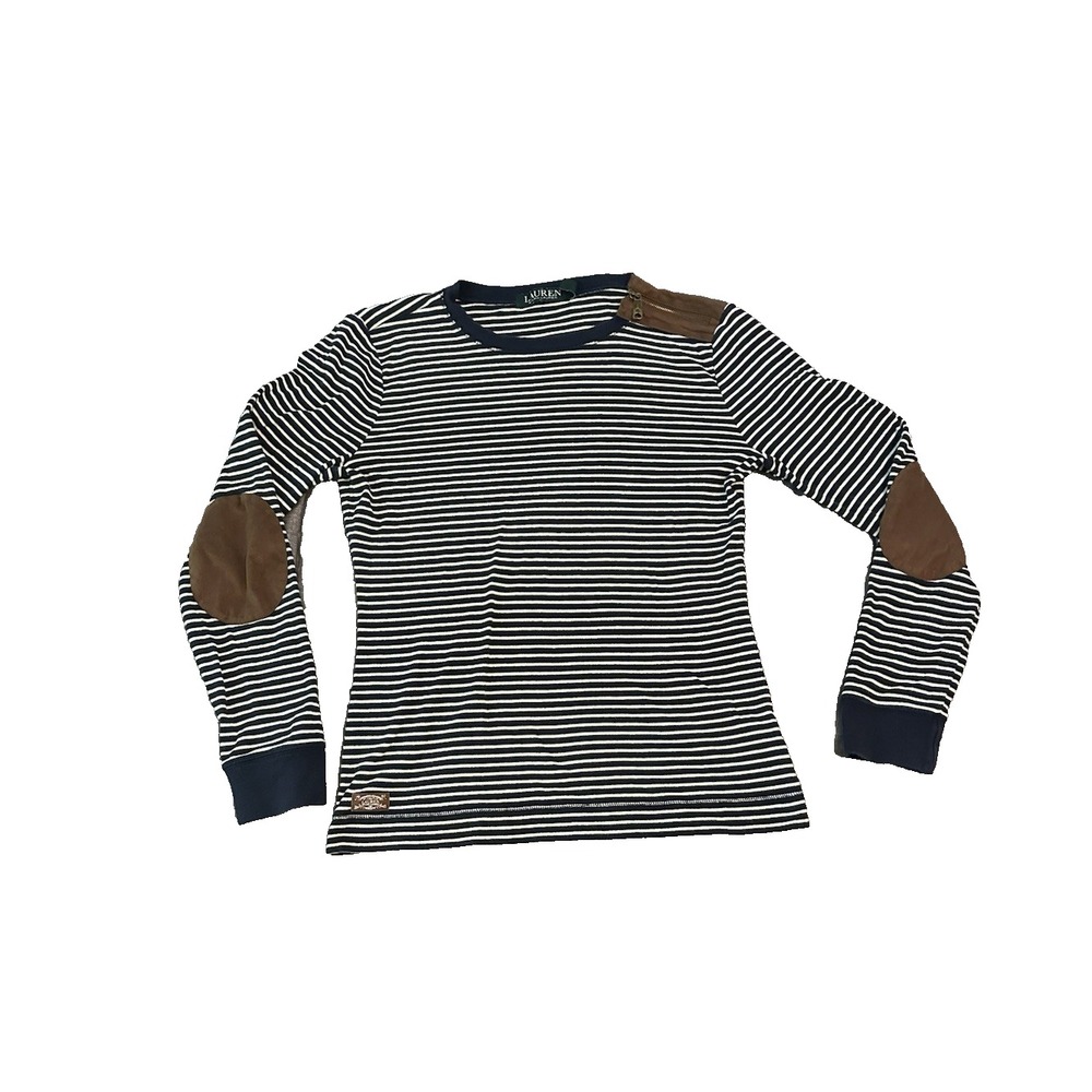 Lauren Ralph Lauren Blue White Striped Womens Shirt M Fauz Suede Elbow Patch Y2K
